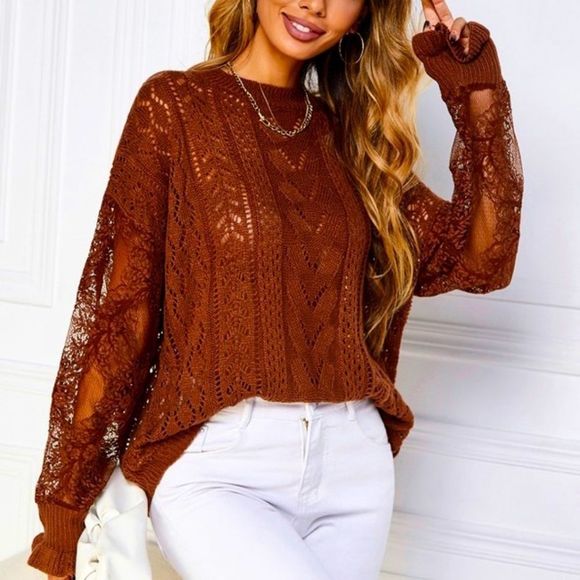 NWT! CONTRAST LACE POINTELLE KNIT DROP SHOULDER SWEATER IN RUST! - Picture 2 of 12